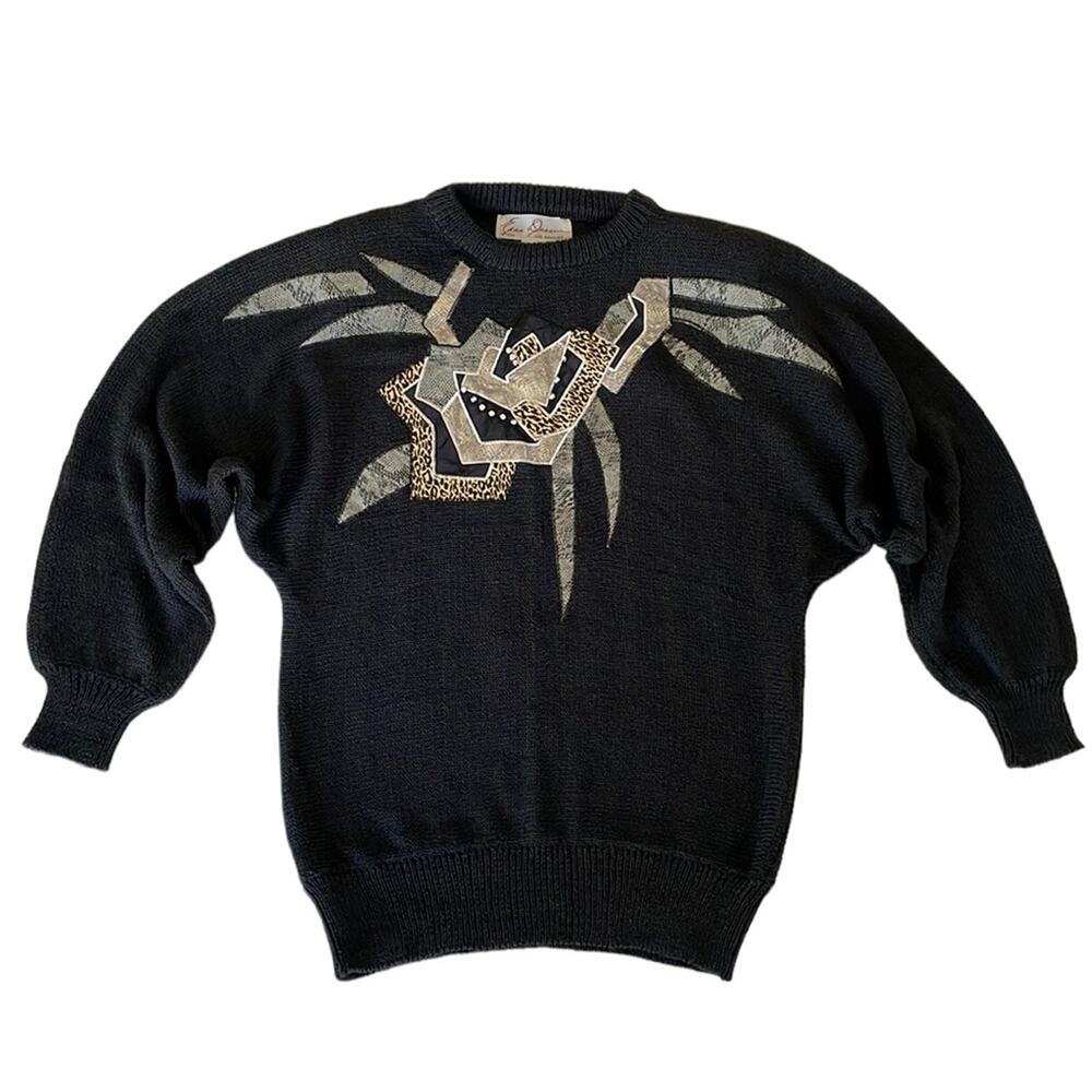 Eddie Dassin 80s Black Knit Animal Print Stud Appliqué Sweater Shoulder Pads M